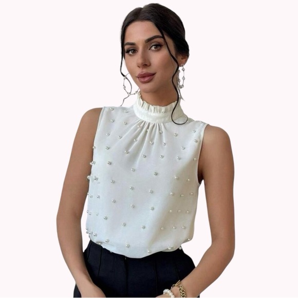 Pearl blouse silky beaded sleeveless shell silk ruffle high neck cream off-white - Picture 2 of 3